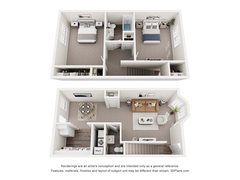 A floor plan of a two-bedroom apartment with a kitchen and living room.